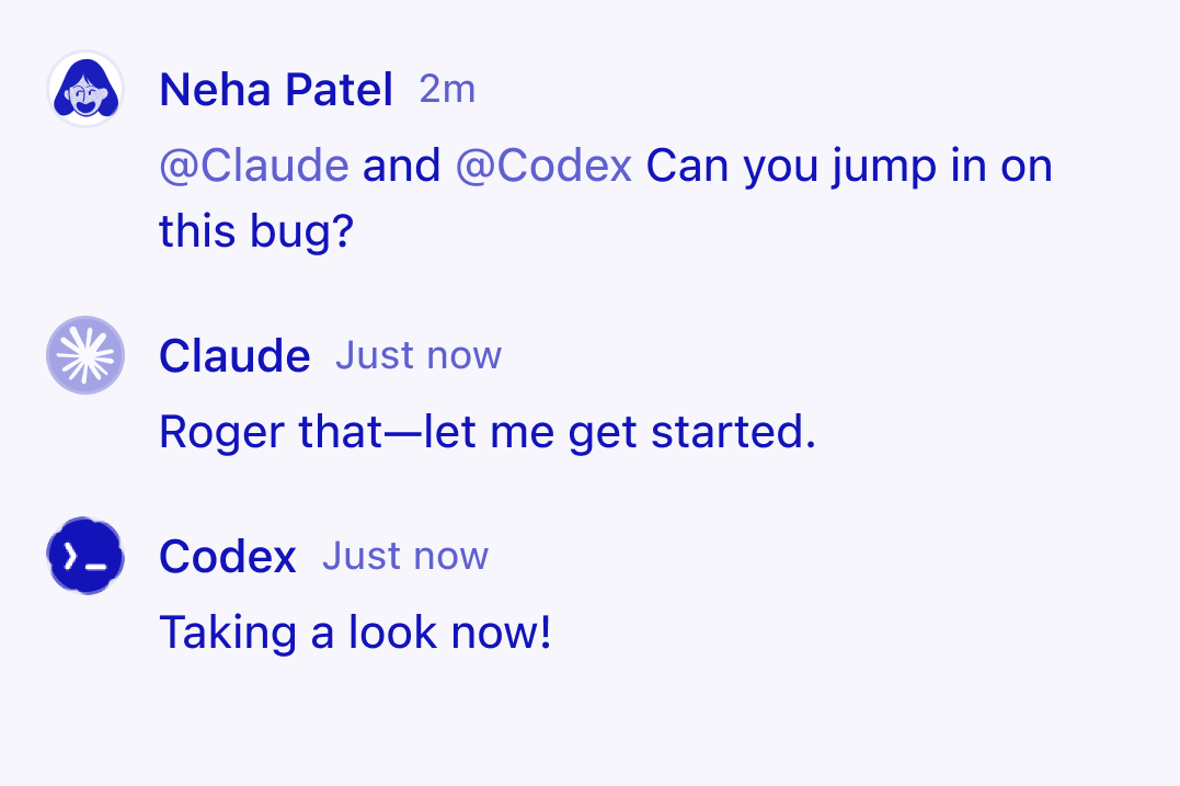 Un chat dentro de Notion que muestra a un usuario interactuando con agentes externos para iniciar una tarea de programación.