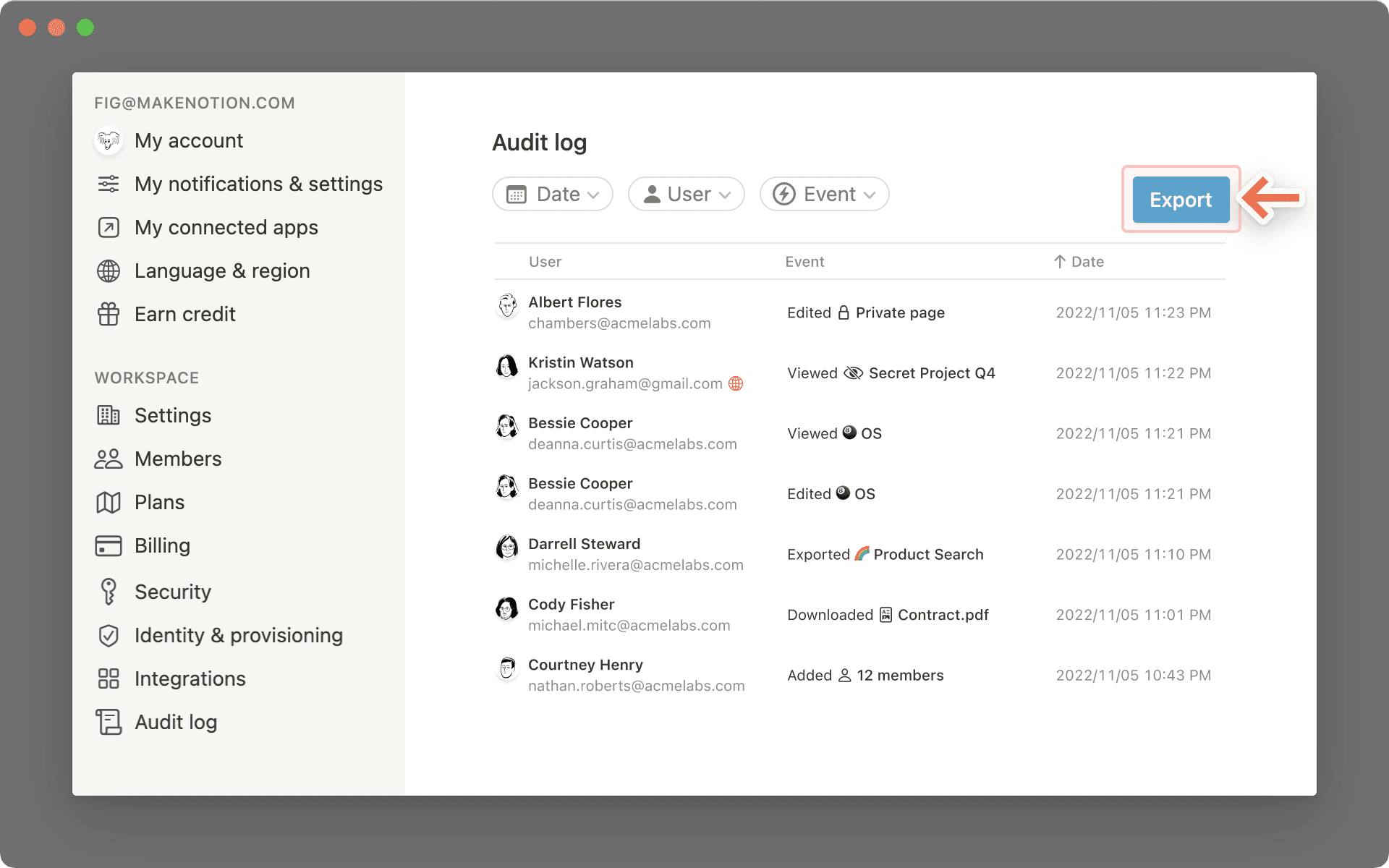 Exportación del registro de auditoría