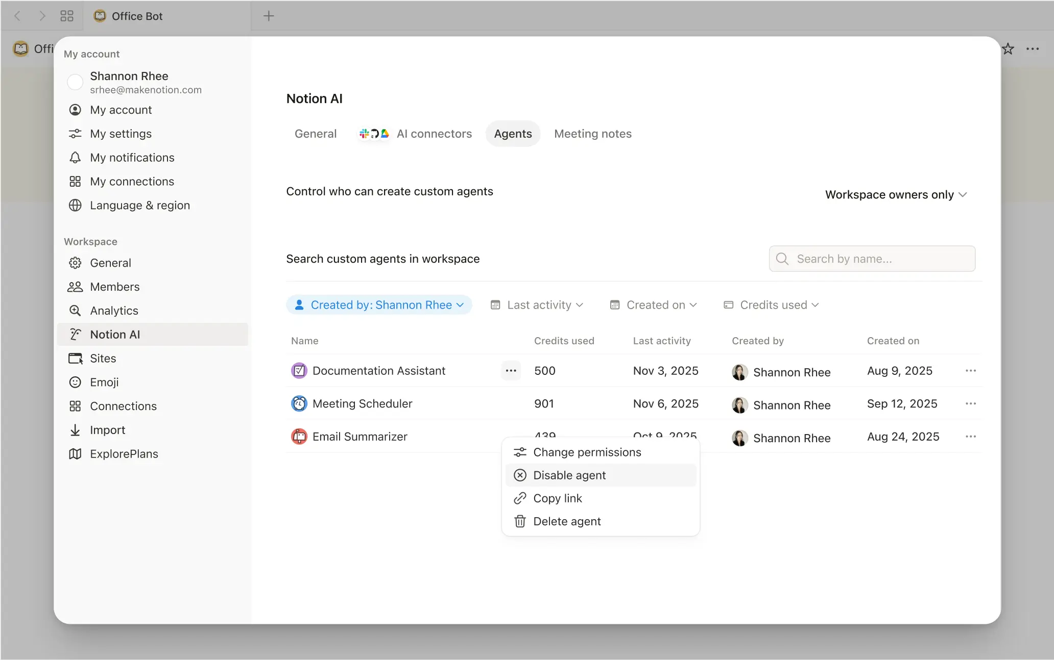 Ve a Configuración → IA de Notion → Agentes, busca el que quieras, abre su menú y selecciona Desactivar.