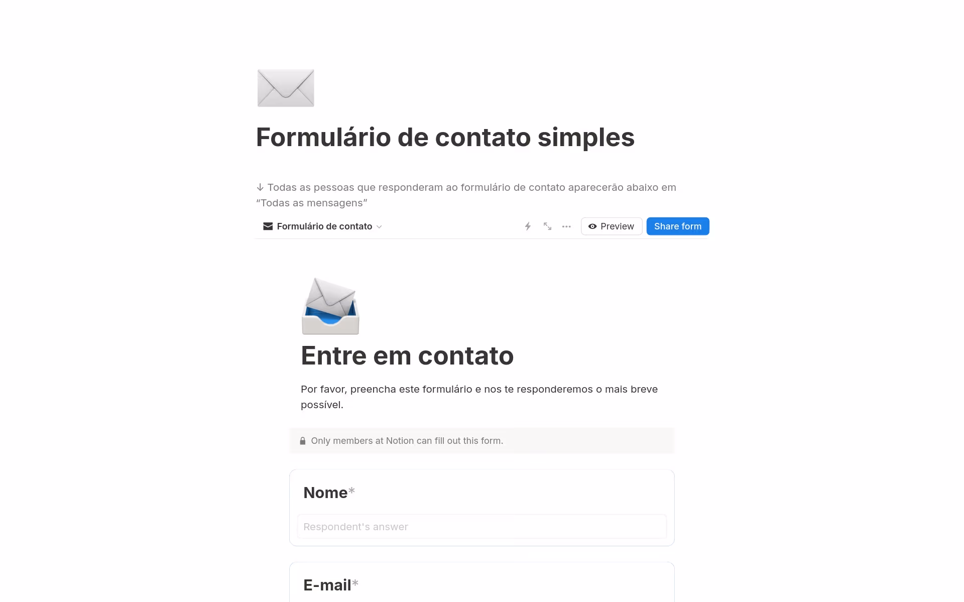 Uma prévia do modelo para Formulário de contato simples